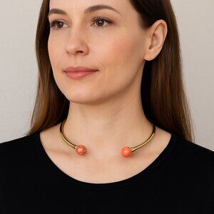 Coral Howlite Beaded Choker Necklace – Gold Tone Open Collar – Modern Statement